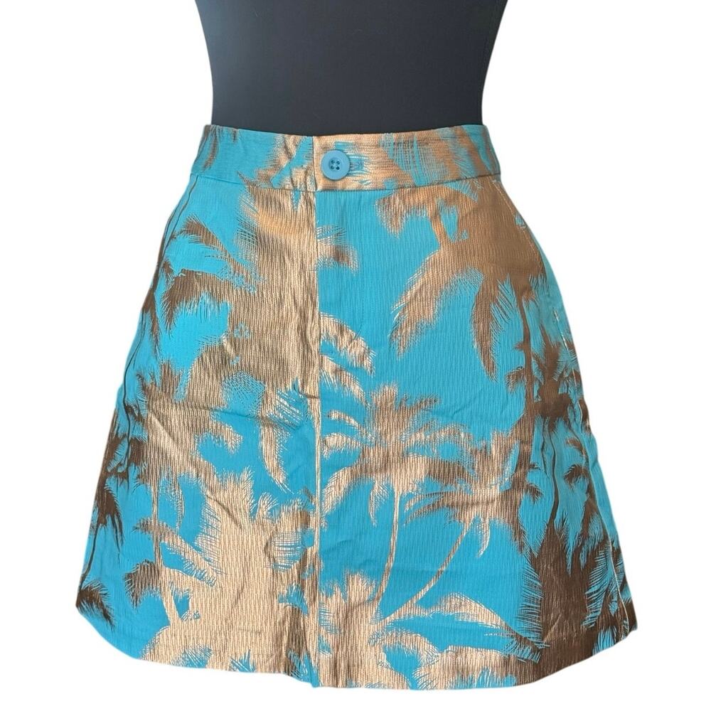 NWT Tori Richard Cotton Mini Skirt Sz 8 Blue Gold Palm Tree Resort $118 MSRP